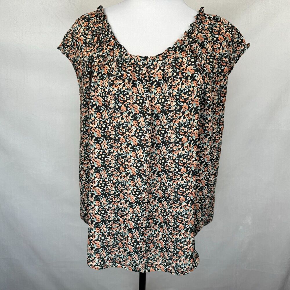 LC Lauren Conrad Top Women Sz L Black Multi Floral Pleated Round Neck Tie Back